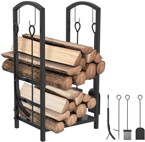 VA-Cerulean 40x38x76cm Kaminholzregal Metall, Brennholzregal mit 4 Kaminwerkzeug Kaminholzständer Innen, Doppelschicht Holzregal Kaminholzhalter für Kaminbesteck Holzregal, Schwarz