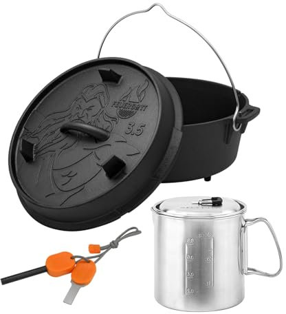 FEUERGOTT Dutch Oven 3.5 mit Füßen & Solo Stove Pod 900 & Feuerstein
