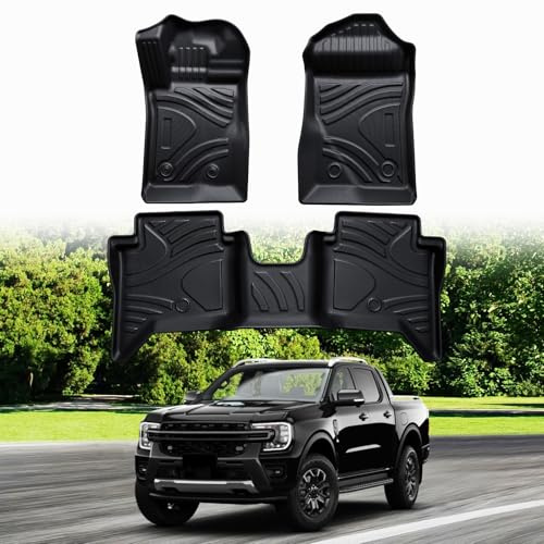 ECOZEN Ford Ranger 2023–2026 exakt passform reptålig 3D gummimattor set för Ford Ranger TPE-halkfria mattor för alla väder halkfri golvmatta bil med hög kant, fästknappar Ranger T9 tillbehör