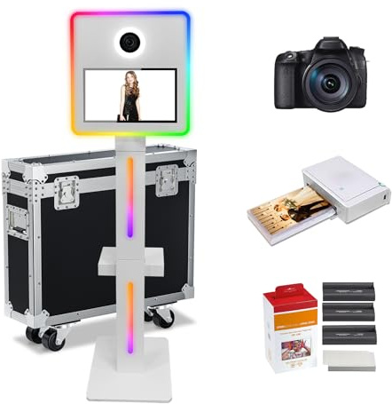 DSLR Photo Booth Machine 15.6 Zoll Selfie Portable Touchscreen Kamera Photobooth mit Flight Case，White Photo Booth mit RGB Licht für Hochzeit Party Events (White, 15.6 Inch+Camera+Mini Printer)