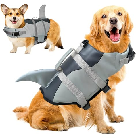 SilverChry Chaleco Natación Perro, Chaleco Salvavidas Tiburones Alta Flotabilidad, Chaleco Perro Salvavidas con Asa, Chalecos Flotantes Ajustable Perros, Perros Seguridad Natación Ropa (Medium)