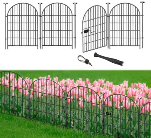 Okaygardn Garden Fence Border 36 in(H) x8.8 Ft(L), 4 Panels Dog Fence Outdoor for Yard, Tall Garden Animal Barrier Fence with Gate, Arched Rustproof Metal No Dig Fence, Flower Bed Fencing