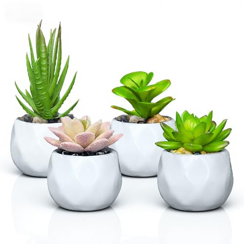 Artificial Plants Indoor Succulents Fake Plants, 4 Pack Small Desk Plant in White Ceramic Pots, Artificial Flower Faux Plastic Plant for Office Decor, Bathroom, Bedroom, Home Decoration in Christmas