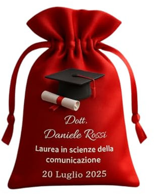 Sacchetti Laurea Personalizzati in Raso, 12 Pezzi, Rosso, con Stampa Tocco e Pergamena, Bomboniere per Festa di Laurea