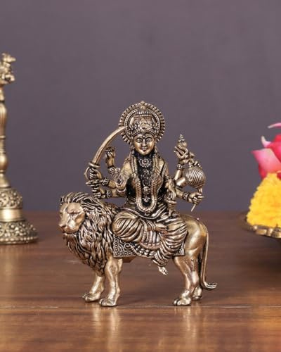 UGRA Premium mässingsgudinna Durga-staty på lejon 8 cm, Ambe Ma Idol, perfekt för Navratri Puja | Diwali-gåva | inflyttningspresent | Navratri Pooja Idol
