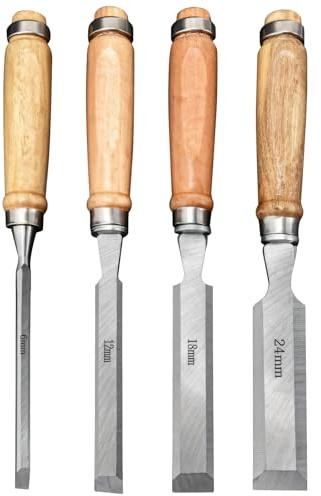 4 PCS Woodworking Chisels, High Carbon Steel Chisel with Wood Handle, Workshop Hand Tools, Bevel Edge Wood Carving Chisels for Carpentry and Sculpture, 1/4, 1/2, 3/4,1 Inch