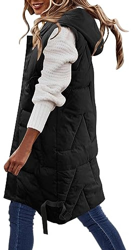 Women Long Quilted Puffer Vest Mid Length Sleeveless Padded Hooded Jacket Full Zip Warm Winter Outerwear with Pockets