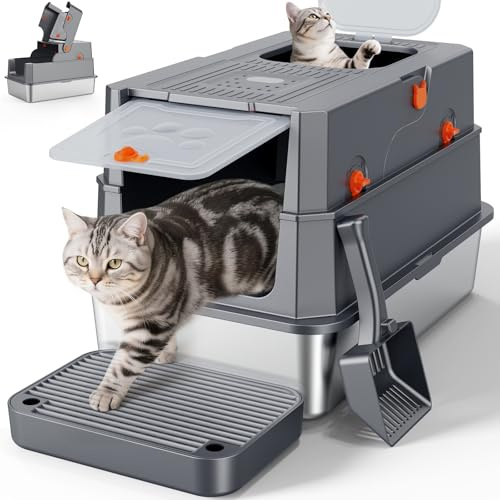 MIXJOY Kattlåda rostfritt stål med lock, kattlåda XL läckageskydd, mörkgrå