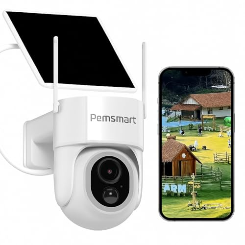 Pemsmart Outdoor WiFi Solar Security Camera, 3MP HD, PTZ, Two-Way Audio, IP66 Waterproof, Night Vision, Battery/Solar Powered, Tuya Smart App Control