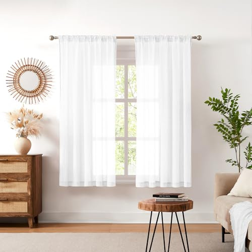 Melodieux Voile Gardinen Weiß - Vorhänge mit Kräuselband, Leichte Fenstervorhänge Durchsichtig, Halbtransparent Schiebegardinen fur Wohnzimmer, Schlafzimmer, Esszimmer, 210×140cm (H×B) 2er Set