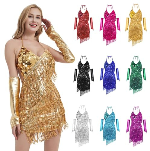 Glitzerkleid Damen Fransenkleid Kurz Quasten Pailletten Kleid Damen Paillettenkleid Gold V-Ausschnitt Glitzer Minikleid Rückenfrei Spaghettiträger Tanzkleid Tango Latin Partykleid Karneval Kostüm