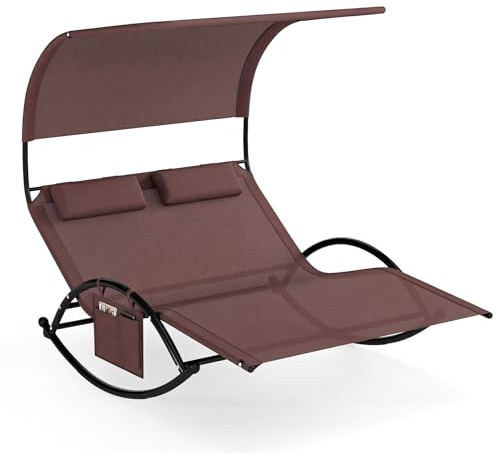 GIANTEX Doppelter Schaukelstuhl, Schaukelliege mit Sonnendach, Kopfstützenkissen, Metallrahmen & Armlehnen, robuste Schaukelliege für den Außenbereich, für Terrasse, Hinterhof, Pool, Schwarz (Braun)