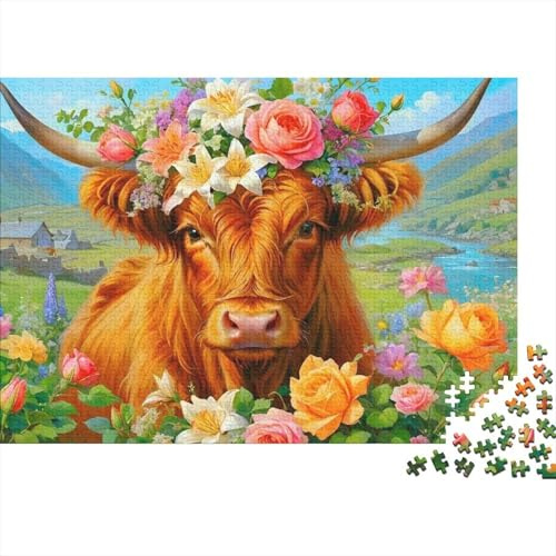 Mucca Highland Puzzle 1000 Pezzi per Adulti Prato Fiorito Gioco di Puzzle 1000 Pezzi Relax Casa Regalo 38x26cm/1000pcs