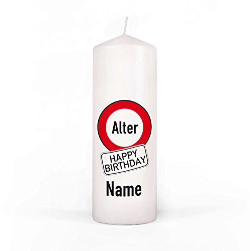 Herz & Heim® Geburtstagskerze Stumpenkerze mit Verkehrszeichen und Gratis Aufdruck des Vornamens und Alters 200/70mm Brenndauer ca. 65 h