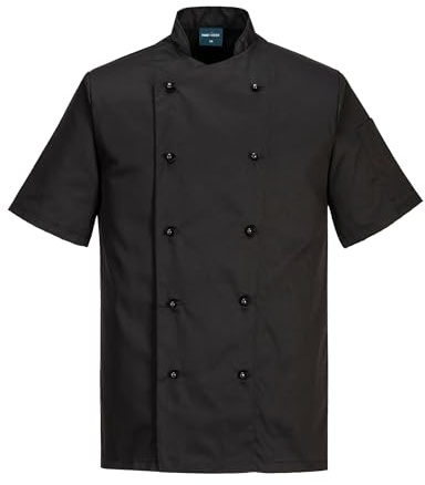 Portwest C734 Short Sleeve Chef Jacket Chefswear Texpel Stain Resistant Kingsmill Polycotton Unisex Chef Whites for Kitchen and Catering Food Service Workwear, Black, L