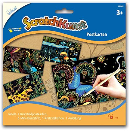 Mammut Spiel & Geschenk 158005 - Kratzbilder ScratchKunst Postkarten, Komplettset mit 4 Kratzbildpostkarten, Buntstifte, Kratzstab und Anleitung, Scraper, Kratzset für Kinder ab 3 Jahre, 16,5x10 cm