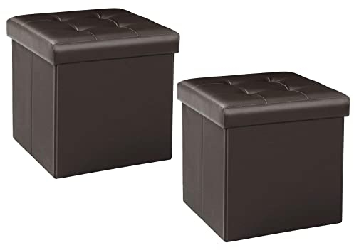 Bonlife Pack of 2 Storage Ottoman Cube, Folding Chest Toy Box, Folding Foot Stool for Living Room,Seat with Lid,Brown,Faux Leather,32X32X32cm