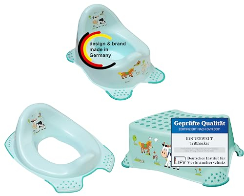 KiNDERWELT 3er Set Premium Toilettensitz, Hocker & stabiles Töpfchen für Babys und Kinder - Funny Farm Design aquamarin - Kleine Toilette für Kleinkinder - Stabiler Hocker mit Anti-Rutsch-Funktion