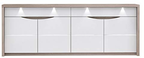 FORTE Saint Tropez Kommode mit 4 Türen, 2 Schubkästn, Holzwerkstoff, Weiß Glanz kombiniert mit Sandeiche, 52,7 x 227,1 x 84,4 cm