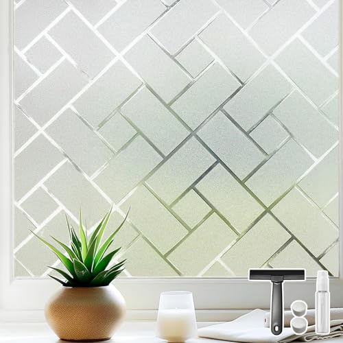 Qualsen Fensterfolie Blickdicht Milchglasfolie Fenster Folie Sichtschutzfolie Fenster Fensterfolien Anti-UV Statisch Haftende Dekofolie Für Büro Küche, Weiß Geometrische, 90x300cm