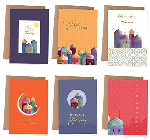Papierdrachen 6 Klappkarten zu Ramadan | 6 Grußkarten als Klappkarte inklusive Umschlag zum Zuckerfest - Grüße an die Familie - Stilvolles Design zu Ramadan - Motiv bunt & goldfoliert - Set 2