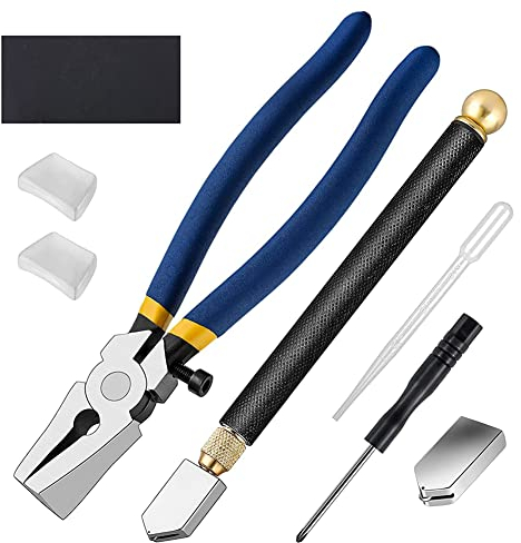 Glas Schneiden Werkzeugsatz, Asudaro 8 Stück Upgrade Glasschneider Professionelle Glasschneidewerkzeuge Universal zum Schneiden von Buntglas, Fliesen, Spiegel, Mosaik - 2 mm-20 mm,Schwarz