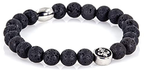 Lava Armband Bracelet Perlenarmband schwarz Florentiner Lilie silber 8mm Edelstahl