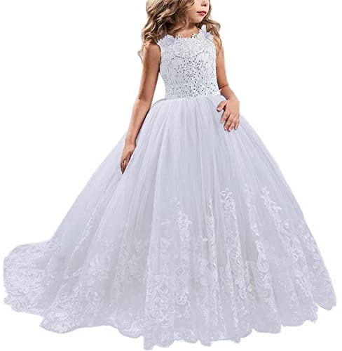 NNJXD Girls Lace Tulle Embroidered Princess Prom Ball Gown Formal Party Long Tail Dresses 406 White Size(130) 6-7 Years