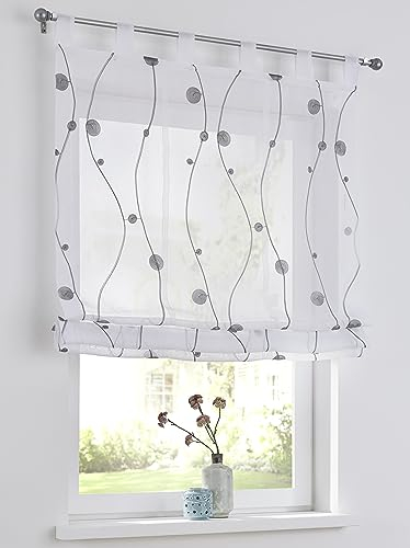 Nelly grau Raffrollo mit Schlaufen modern Bestickt Raffgardine halbtransparent, Polyester, pflegeleicht, B x H 60 x 140 cm