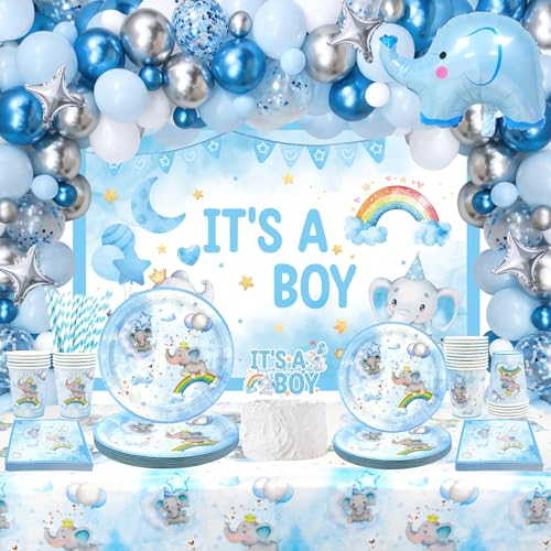 Elefant Baby Shower Deko Partygeschirr 20 Personen, ITS a BOY Kulisse, Teller, Cupcake Topper, Servietten, Tassen, Tischdecken, blaue Ballonbogen Kit, für Kinder Baby Dusche Geburtstag Party Deko