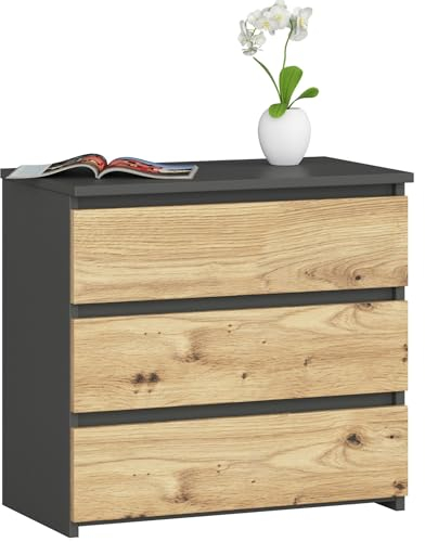 AKORD Commode CL-3 avec 3 tiroirs | Commode Classique pour La Chambre, Salon | Meuble de Rangement | L60 x H57 x P35 cm | Poids 26 kg | Gris Graphite | Chêne Artisan