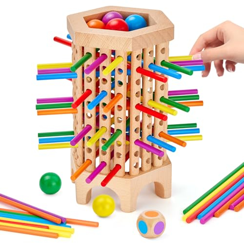 Jeu de Société en Bois 3 4 5 Ans,Jeu Montessori Jeux de Tour en Bois avec 36 Bâtonnets Colorés et Dés,Jeu de Famille Éducatif pour Motricité Fine,Jeux de Société Voyage,Cadeau Enfant 3 4 5 6 Ans