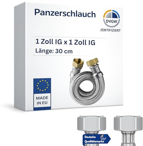 LAXARA | DVGW gep. Panzerschlauch 1 Zoll DN25 Edelstahl Flexschlauch Wasseranschluss Heizung Enthärtungsanlage mit Edelstahlumflechtung | 30 cm Überwurfmutter x Überwurfmutter