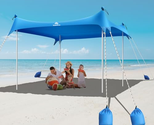 Huskfirm Strandbaldakin, tält solskydd UPF50+ bärbart strandtält 25 x 25 cm, strandtält solskydd med 8 sandsäckar, 4 aluminiumstänger, bärväska och sandspade baldakin, tält för strand, camping, fiske