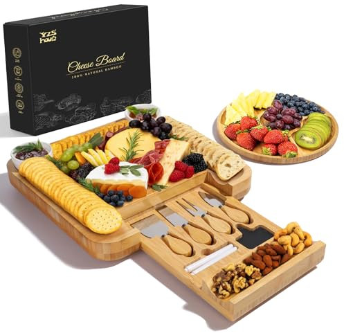 Premium Bamboo Charcuterie Board Set with Hidden Drawer & 4 Cheese Knives - 13x13 Large Cheese Board Serving Tray - Unique Housewarming Gifts for New Home, Wedding & Bridal Shower Gifts for Couples