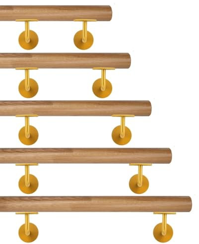TIBU Eiche keilgezinkt Holz Handlauf Geländer 0,3m - 6m, Länge 30 cm und 2 Edelstahl Halter Messing Gold