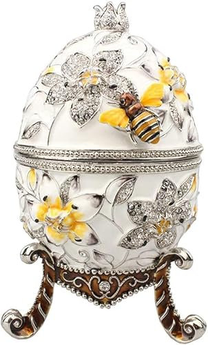 Hand Painted Enameled Big Faberge Egg, Bee Jewerly Trinket Box Vintage Style Decorative Hinged Trinket Box, Unique Gift For Home Decor,White