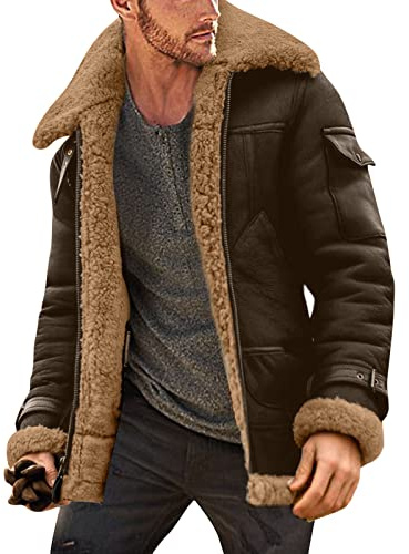 Cocila Waxed Canvas Jackets Coat Lapel Collar Long Sleeve Padded Leather Jacket Vintage Thicken Sheepskin Pretty Green Mens Clothing Waterproof
