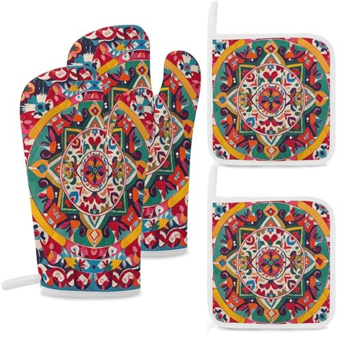 Mexican Folk Art Boho Oven Mitts and Pot Holders Sets of 4 Heat Resistant Non-Slip Oven Gloves and Hot Pads Washable Kitchen Mitts for Kitchen Cooking Baking BBQ
