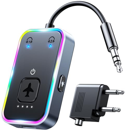 ISEYOU Airplane Bluetooth Adapter, Bluetooth Headphone Adapter with 3.5mm AUX for Up to 2 AirPods, Low Latency Bluetooth Transmitter for TV, Airplane, Computer, MP3, and Gym