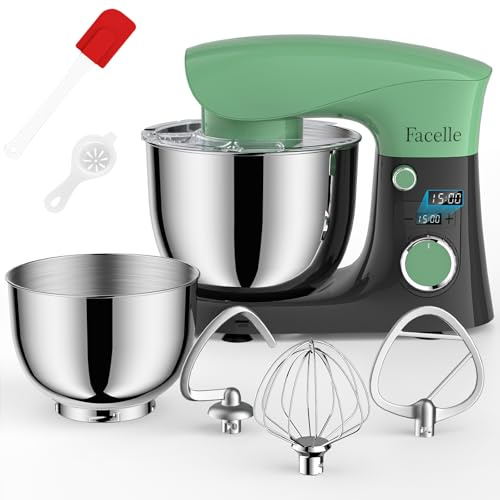 Küchenmaschine Knetmaschine 1500W Facelle Teigmaschine Rührmaschine | 5,5L &4,5L Geräuscharm 10+P Teigknetmaschine mit Rührhaken, Knethaken, Schneebesen und Spritzschutz