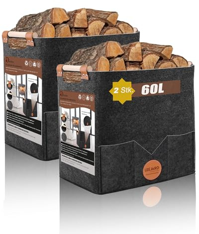2 Holzkörbe für Kaminholz, großer Holzkorb aus Filz, auch als Aufbewahrungstasche oder Einkaufskorb verwendbar, Holzkörbe mit Seitentaschen und verstärkten Griffen (Dunkelgrau)