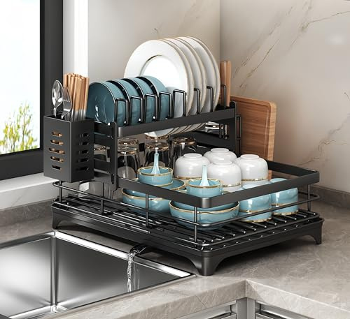 Uwenkjie dish drainer rack，2 tier dish drainer rack，dish racks with drain board，Kitchen Dish Drain Stand, Stainless Steel Sink Dish Stand with Utensils and Cutting Board Rack, Black