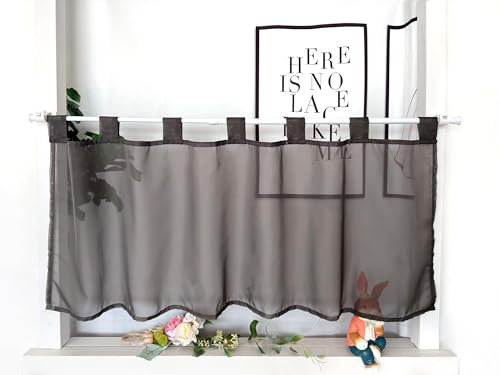 Devola Tenda corta in voile, con passanti, moderna, da bistrò, trasparente, in tinta unita, 60 x 100 cm, grigio, 1 pezzo