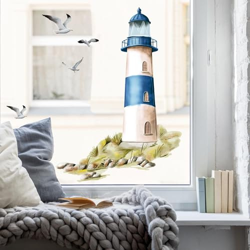 Wandtattoo Loft Fensterbild mit blauem Leuchtturm wiederverwendbar A4 Bogen, Fensteraufkleber Leuchtfeuer maritim blau Ostsee Nordsee Meer Urlaub Fensterdeko Küche Fenstersticker Möwen Warnemünde