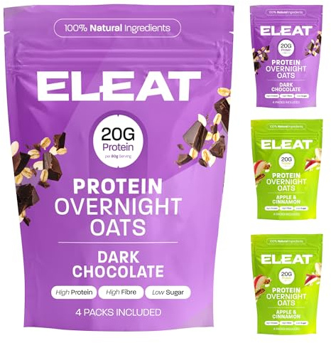 ELEAT | High Protein Overnight Oats Healthy Breakfast | Variety Pack | Dark Chocolate & Apple Cinnamon | High Fibre & Low-Sugar Porridge | Gluten Free & Vegan Friendly | 4 x 400g