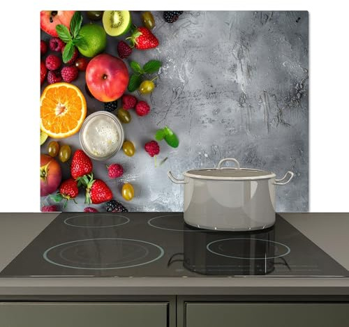KitchenYeah© Spritzschutz Küchenrückwand Vinyl Küche Wand Deko Küchenwand | 81x52 cm - Rückwand, Ceranfeld Abdeckplatte Obst - Beton - Früchte - Grau