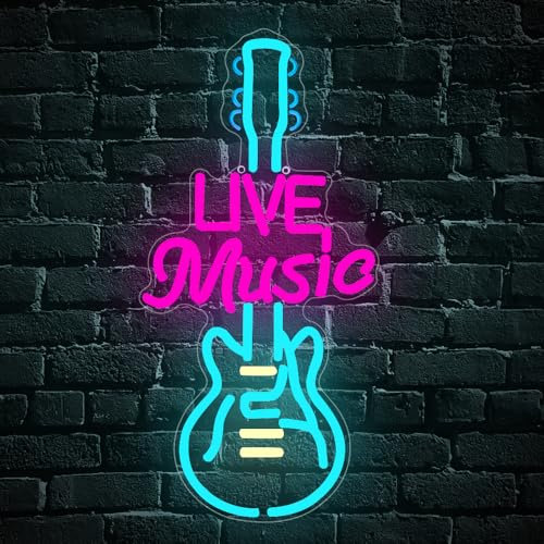 YuoGdhSIa Music Guitar Neon Sign, Decorazione Parete, Live Music, Chitarra Scritte Neon, Regalo per Uomini Lady Ado, USB Powered, 15.8x8
