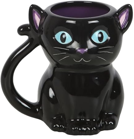 Cute and Creepy Black Cat Shaped Mug with Blue Eyes and Curled Tail Handle – Perfect for Gothic, Witchy, and Cat Lovers – 500ml Ceramic Mug for Coffee, Tea, and Magical Brews