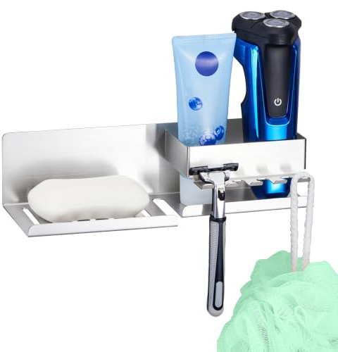 XILIMOR Jabonera Baño, Adhesiva Soporte Jabones Ducha con 5 Ganchos, Plata | Jabonera Ducha sin Taladro, 304 Acero Inoxidable Saboneteira Pared, Con Drenaje & Partición, para Baño y Cocina, Antióxido